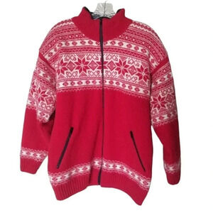 ESKIMO Fair Isle Norway Wool Red White Jacket Lined L